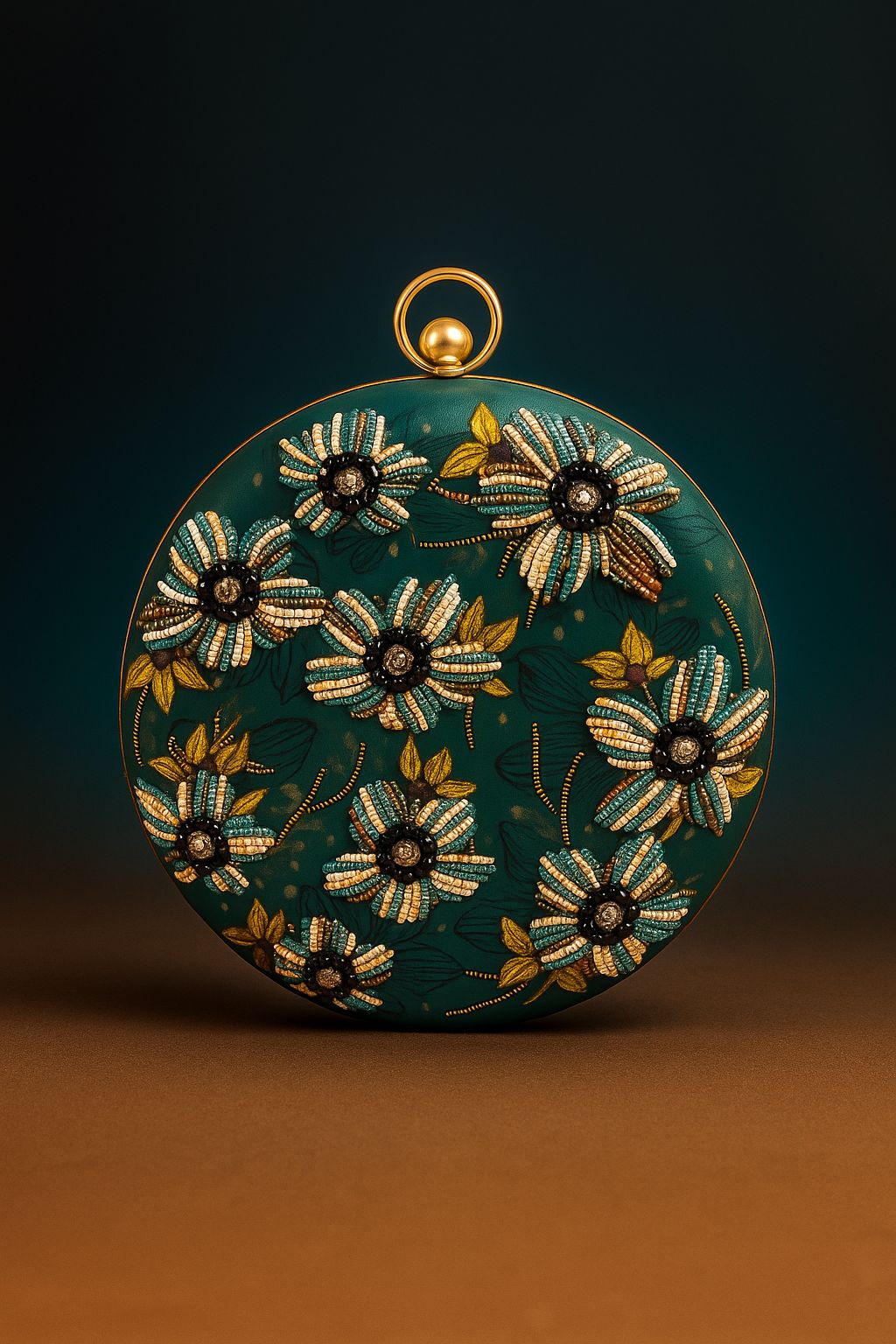 Teal Floral Embroidered Round Clutch