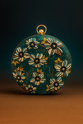 Teal Floral Embroidered Round Clutch