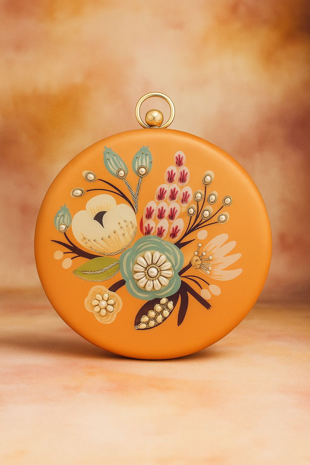 Teal Floral Embroidered Round Clutch