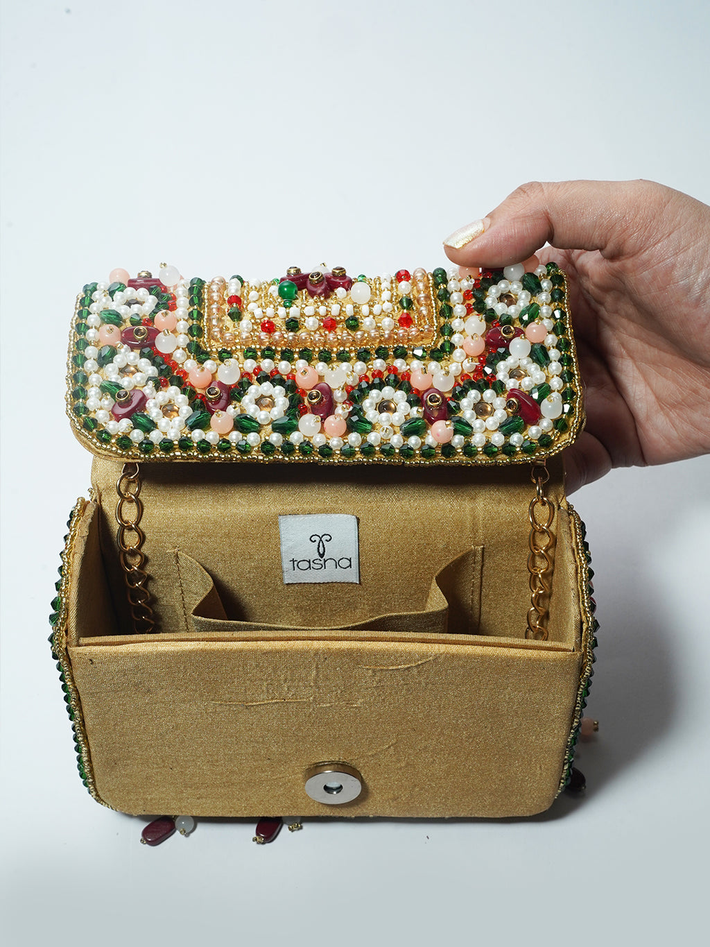 Red green Floral Beaded Handbag
