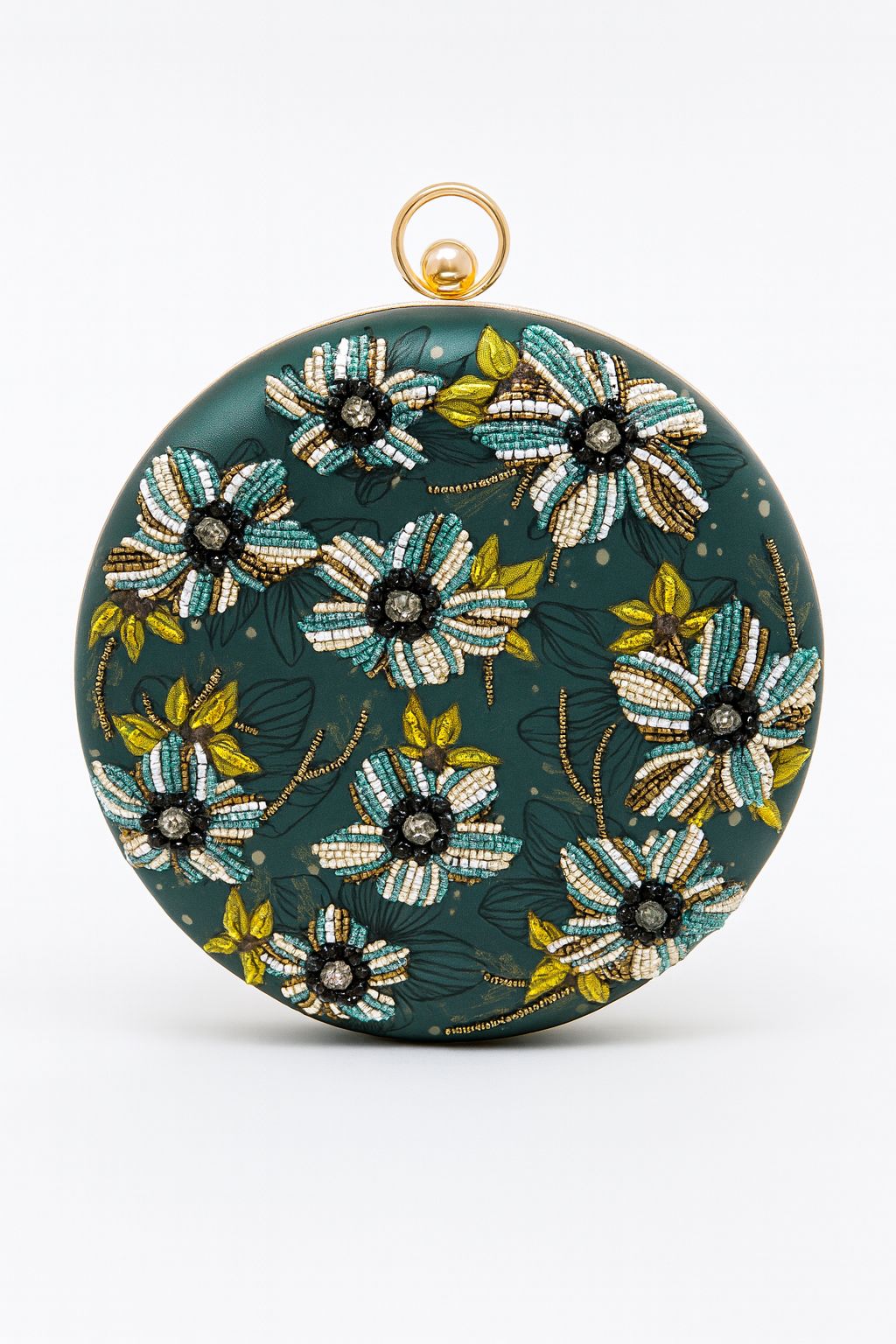 Teal Floral Embroidered Round Clutch