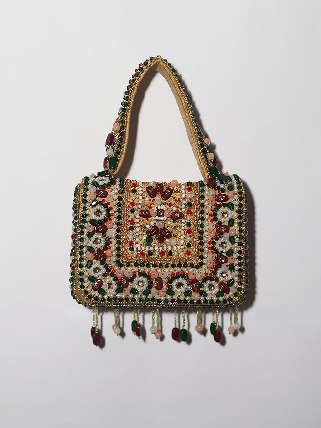 Red green Floral Beaded Handbag