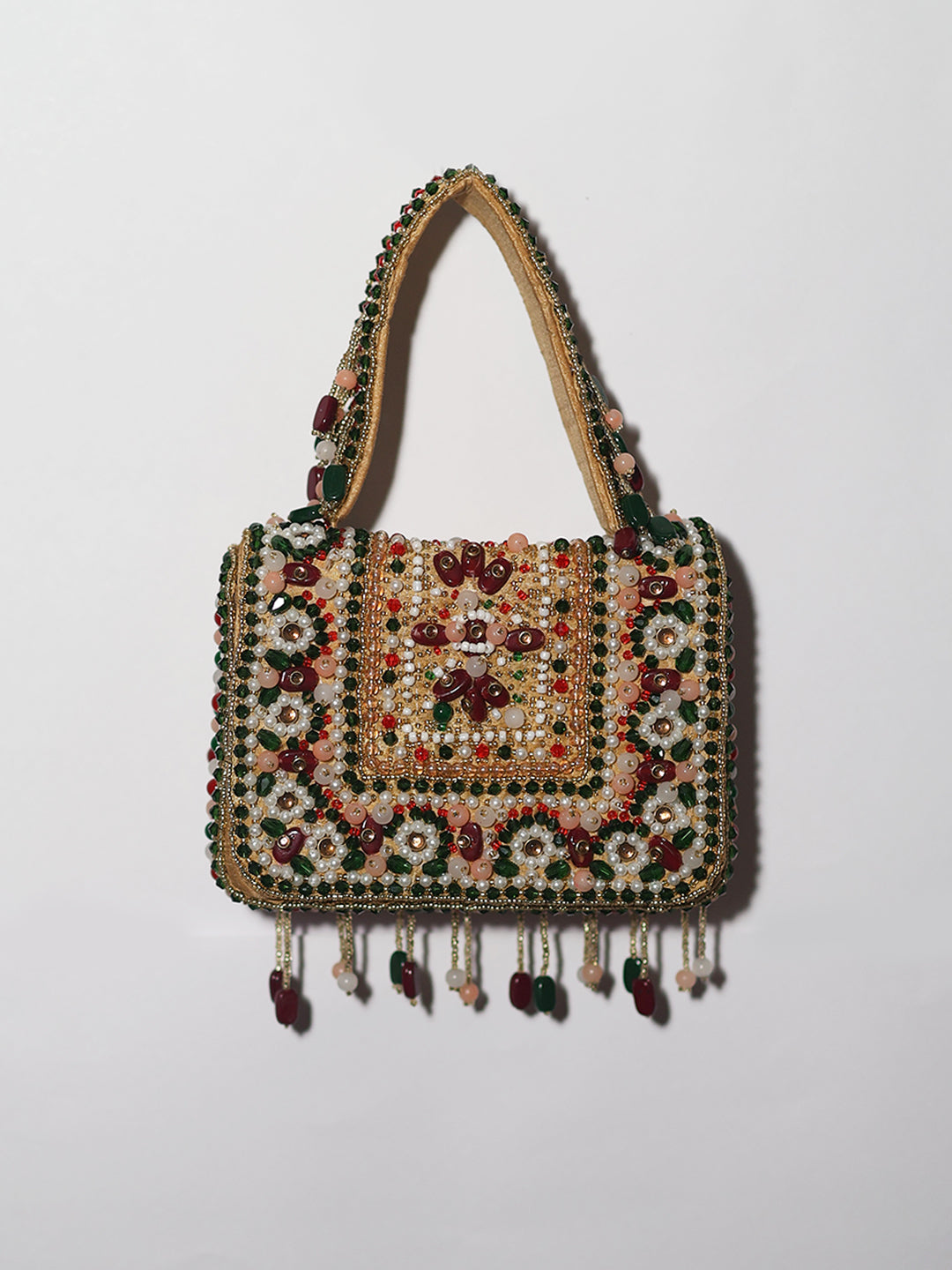 Red green Floral Beaded Handbag