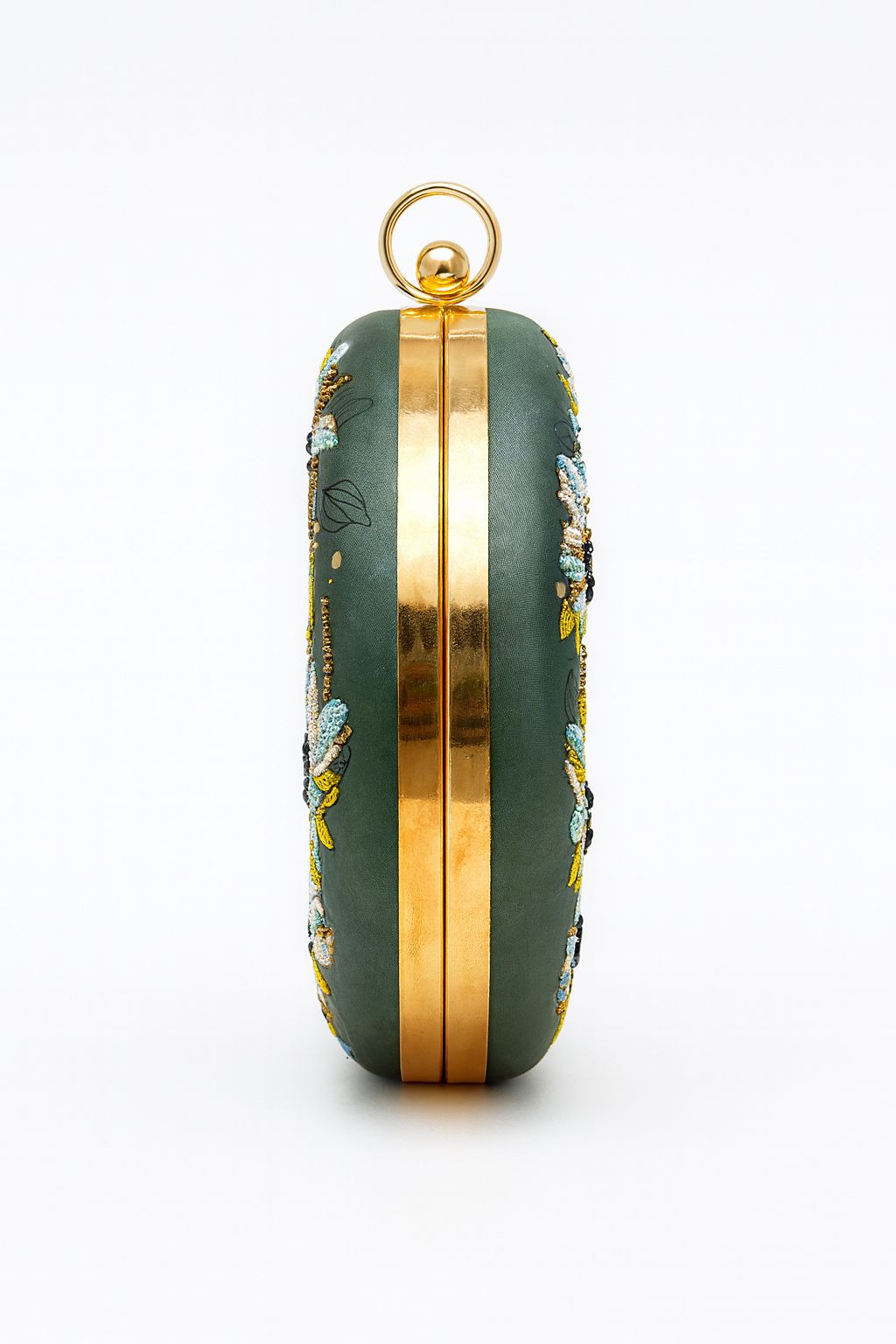 Teal Floral Embroidered Round Clutch