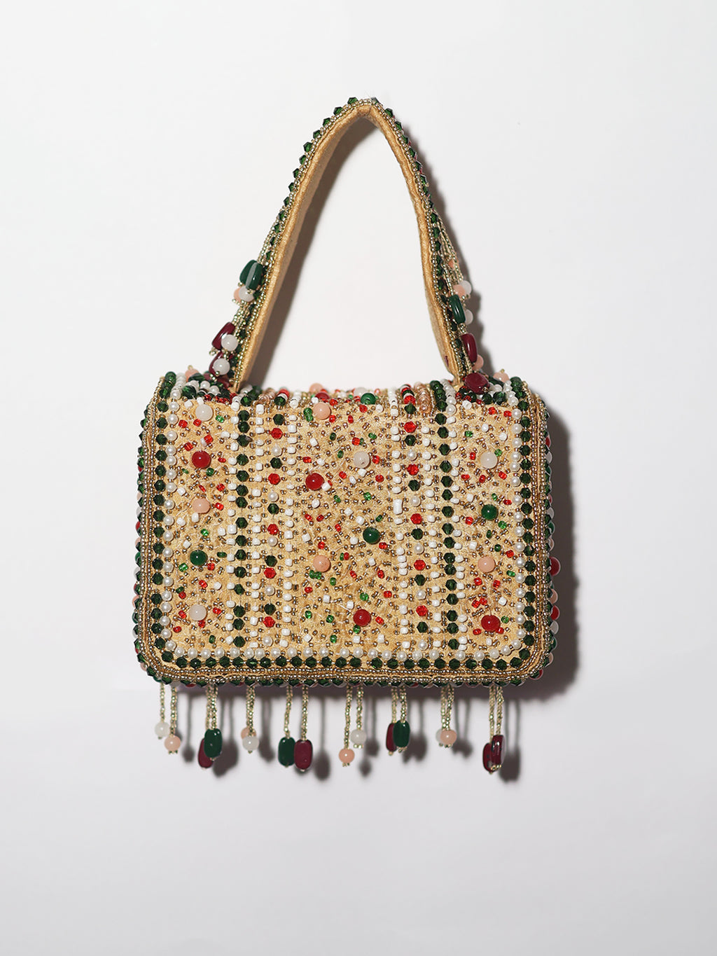Red green Floral Beaded Handbag