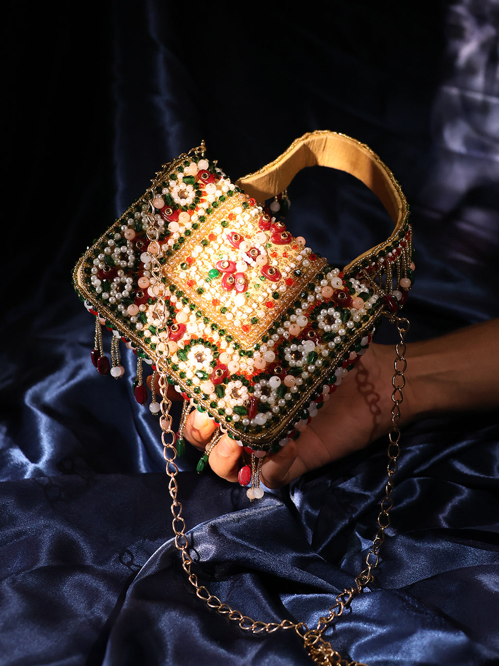 Red green Floral Beaded Handbag
