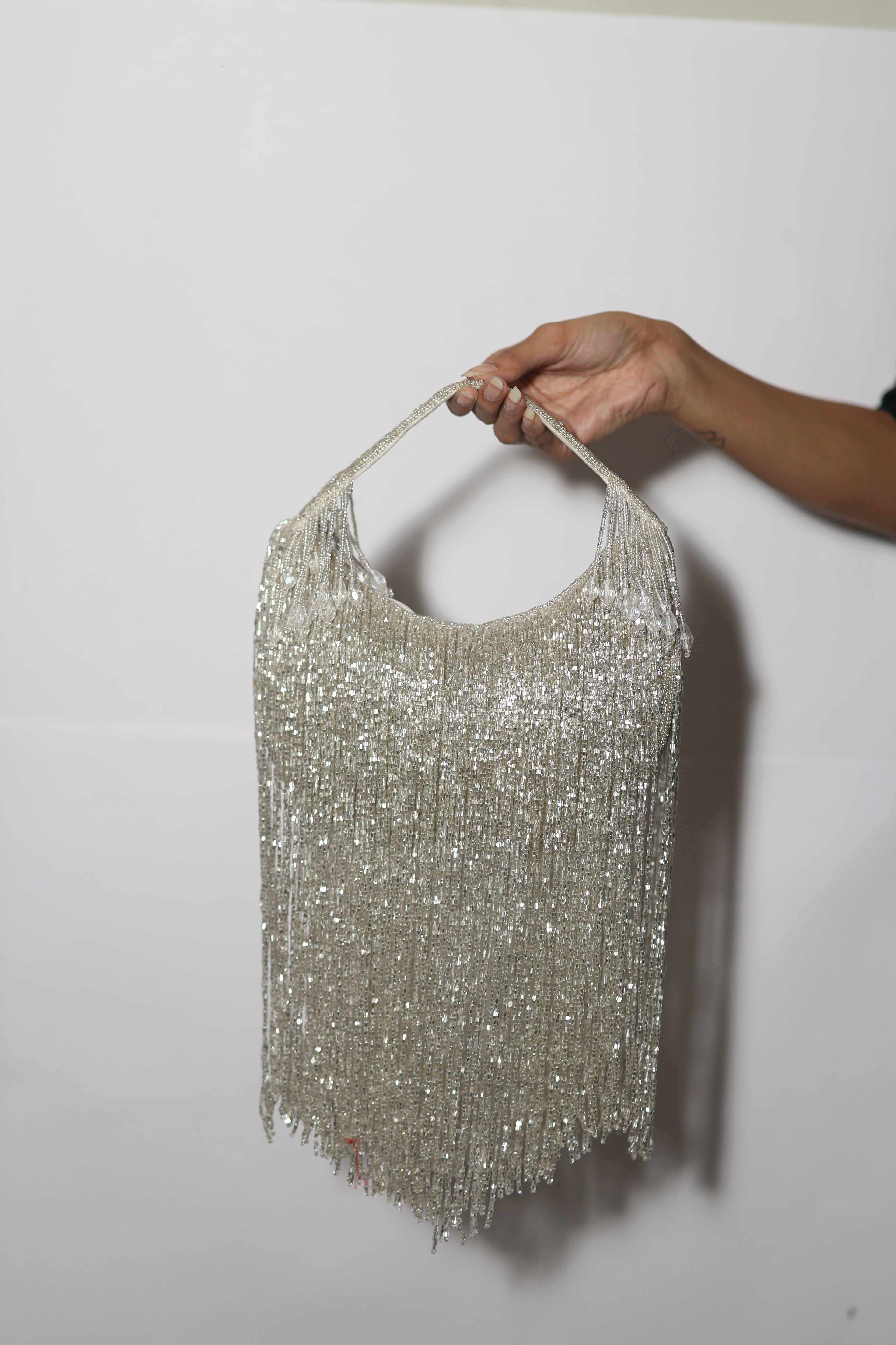 Mokn silver long tassel evening clutch