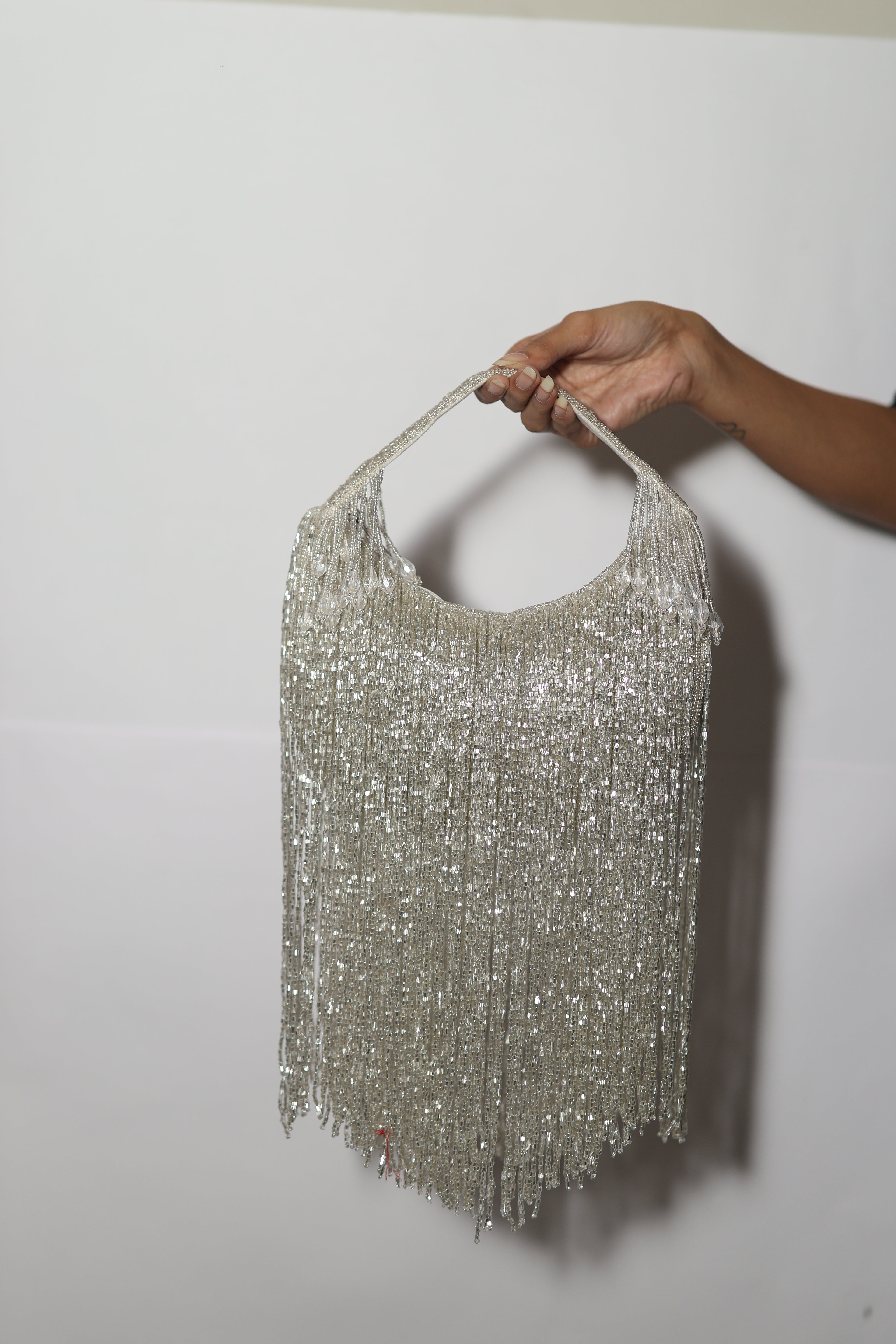 Mokn silver long tassel evening clutch