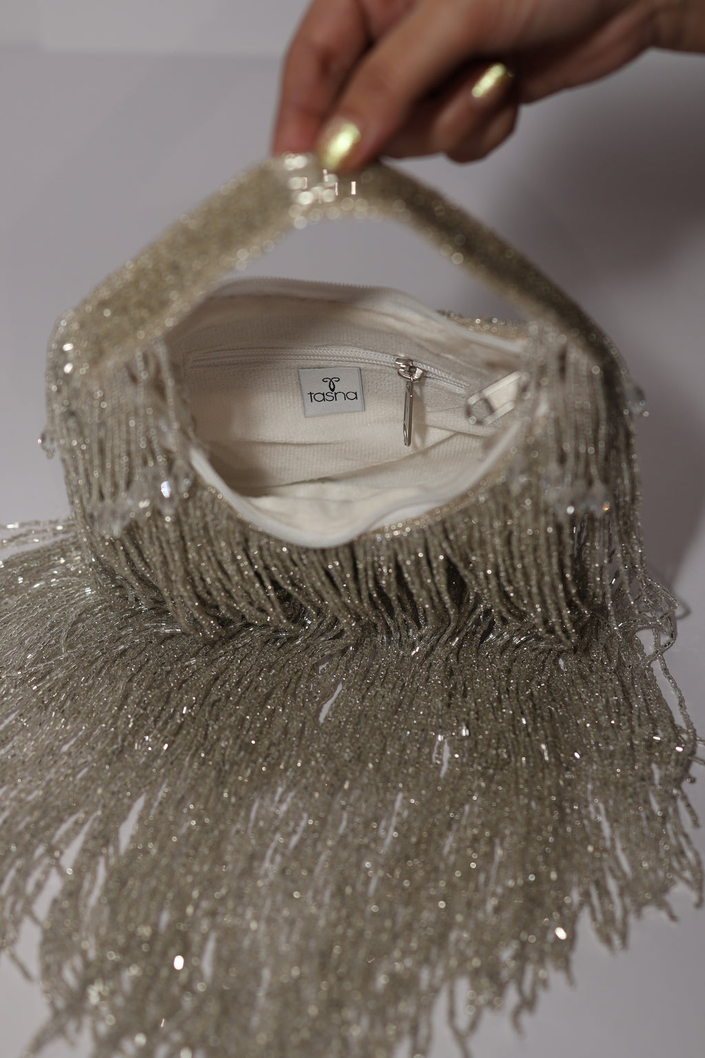 Mokn silver long tassel evening clutch
