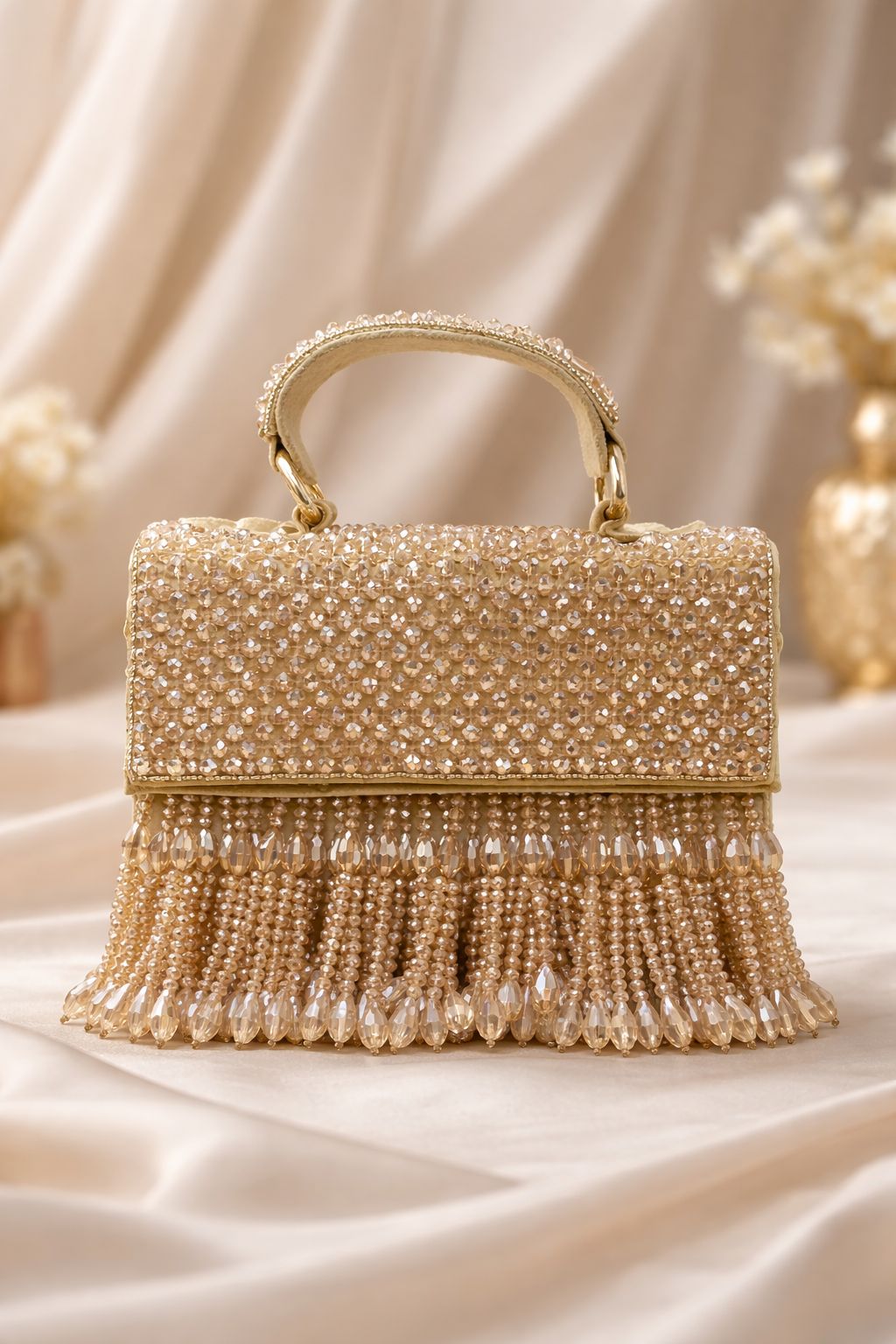 Aurélia Crystal Fringe Box Clutch – Champagne Gold